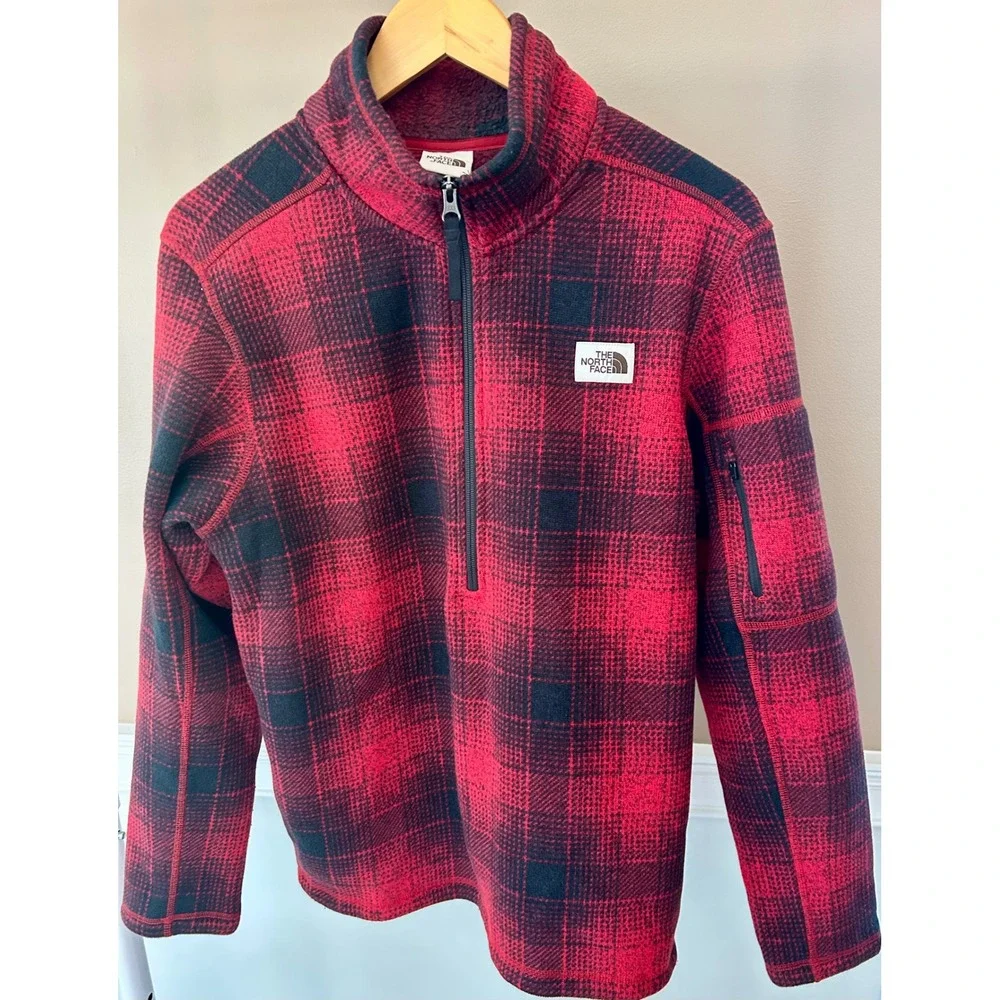 The North Face Mens Red Black Plaid Quarter Zip Fleece Pullover Jacket Size M